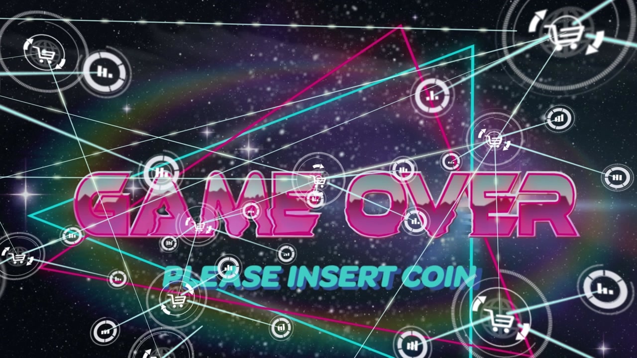 Animatie van netwerk van verbindingen met pictogrammen over 'game over'-tekst