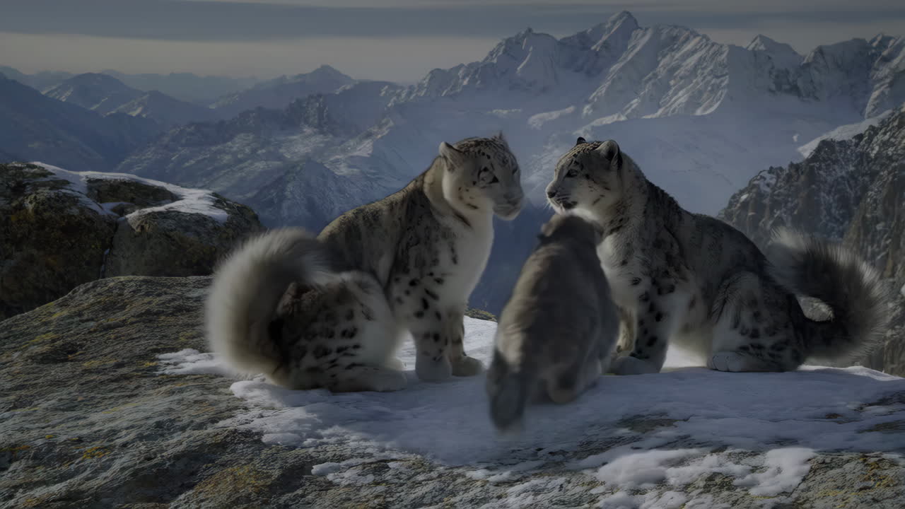 Snow Leopard Family in Snowy Mountains