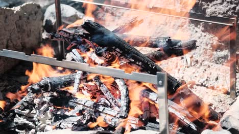 close-up view of the fire, burning wood and empty grill, 4k