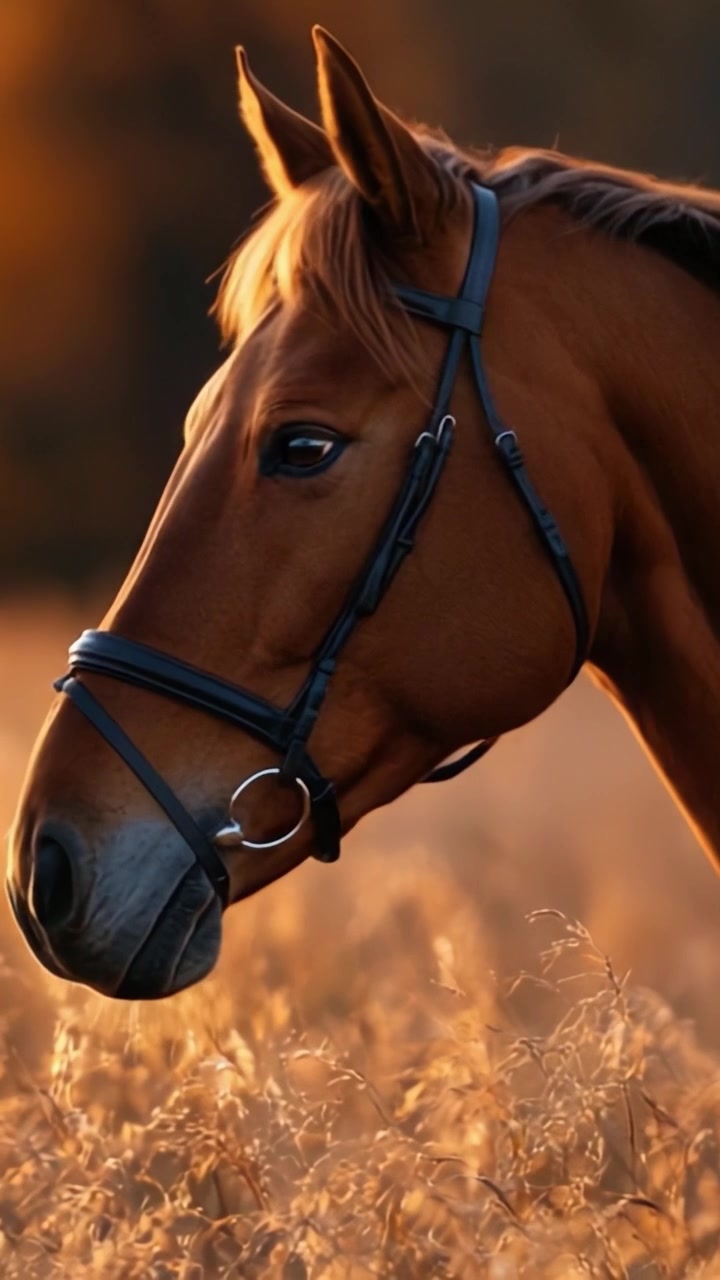 Un cavallo maestoso nell'erba dorata: catturando la bellezza e la presenza aggraziata di un compagno equino su uno sfondo di calda luce dell'alba.