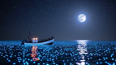 peaceful night scene features a fishing boat sailing on a calm ocean illuminated by the moon, with bioluminescent plankton creating a magical glow beneath the surface