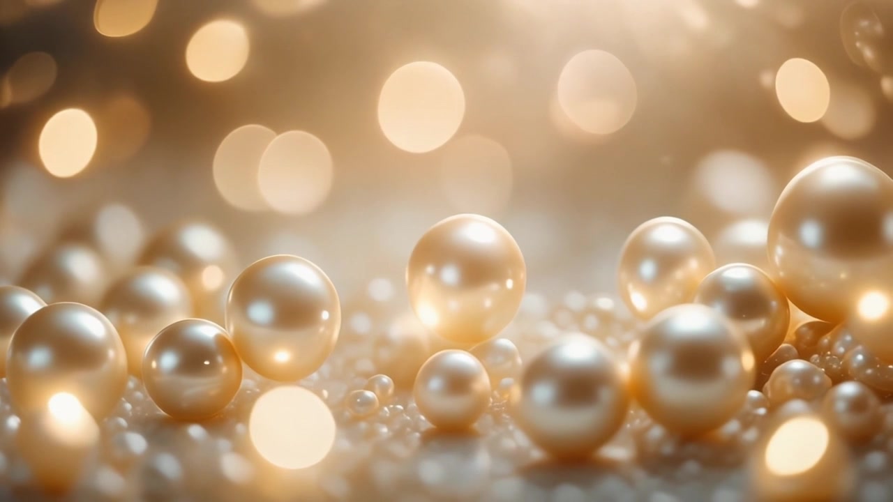Primo piano elegante di perle lucenti con morbido sfondo bokeh dorato