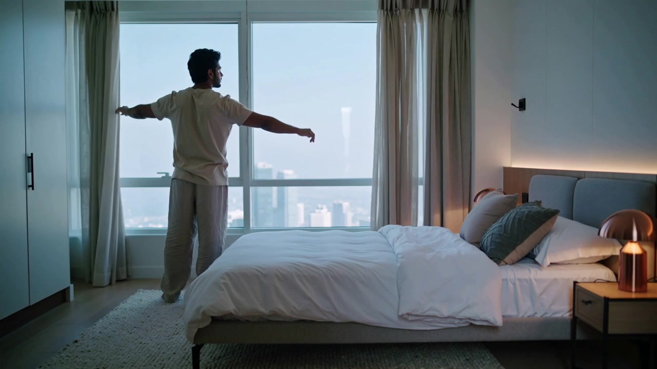 Facing window in bedroom, man in casual shirt pulling curtains aside to reveal skyline, copy space