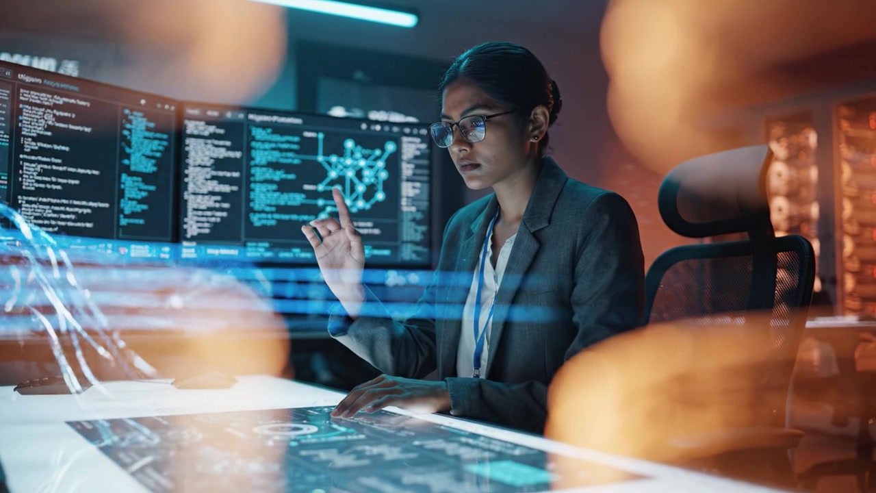 Focused Professional Analyzing Complex Data Visualizations in a High-Tech Control Room Environment, Engaged with Interactive Digital Interfaces and Systems.