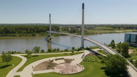 aerial view of park and bridge in omaha, nebraska on summer day