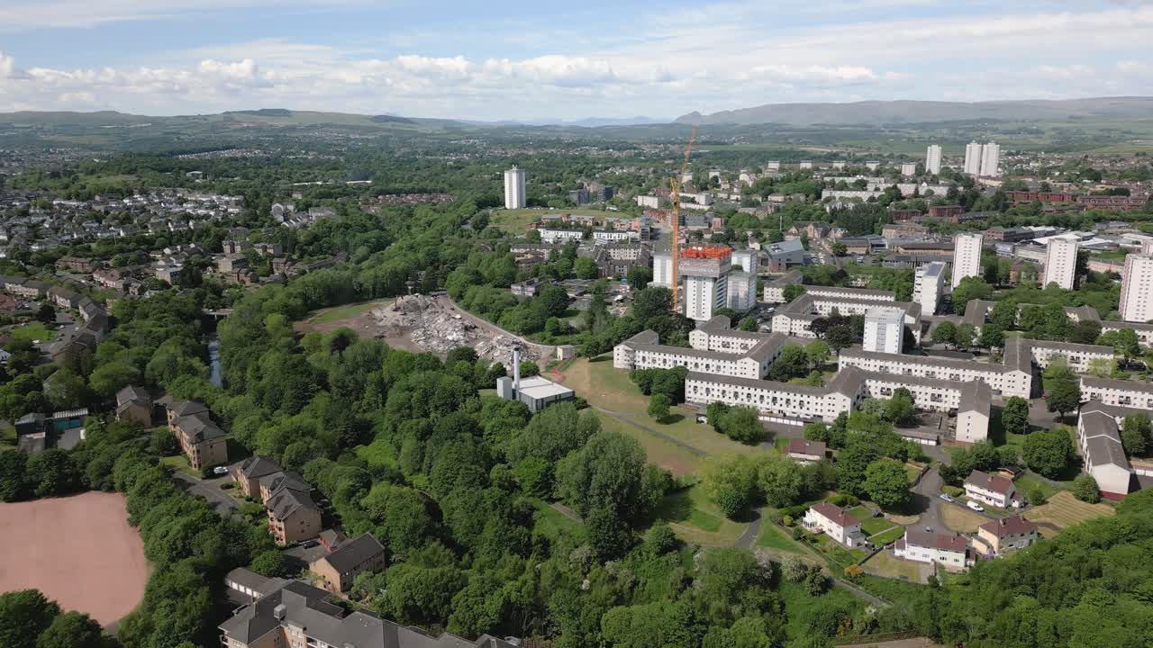 Wide aerial view of Maryhill and the Wyndford estate demolished flats, Glasgow, Scotland, UK