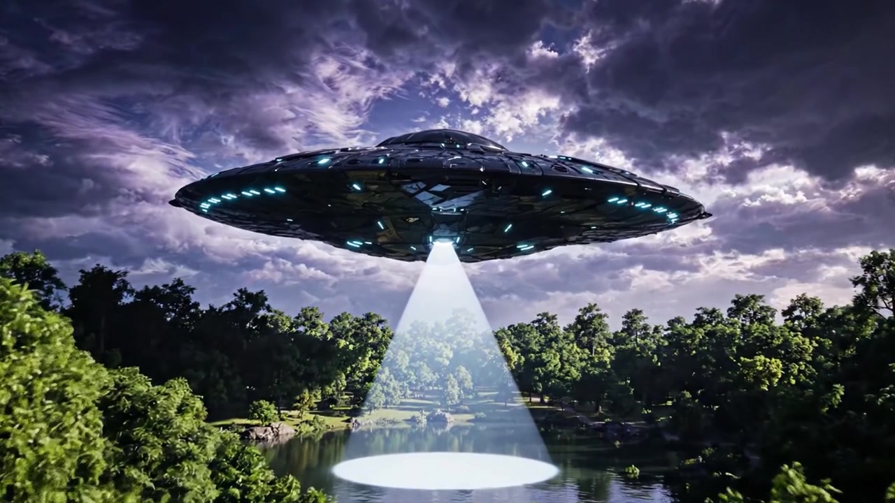Mysterious UFO Hovers Above Lush Forest Landscape Under Dramatic Clouds, Evoking Wonder and Intrigue in a Serene Nature Setting