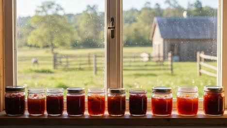 a bountiful collection of homemade jams displayed in jars on a sunny windowsill with a scenic rural landscape in the background