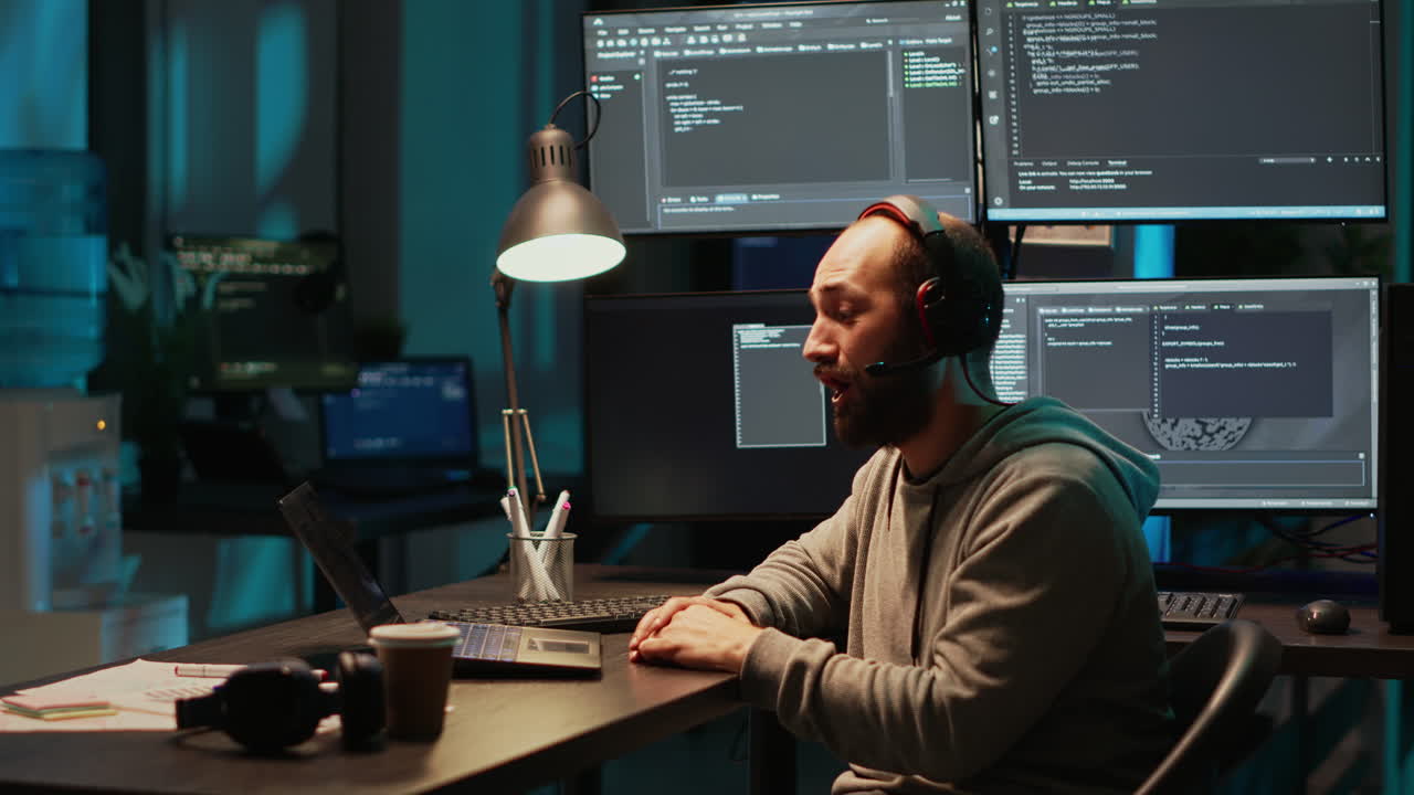 Programmer working at desk with multiple monitors