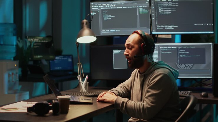Programmer working at desk with multiple monitors