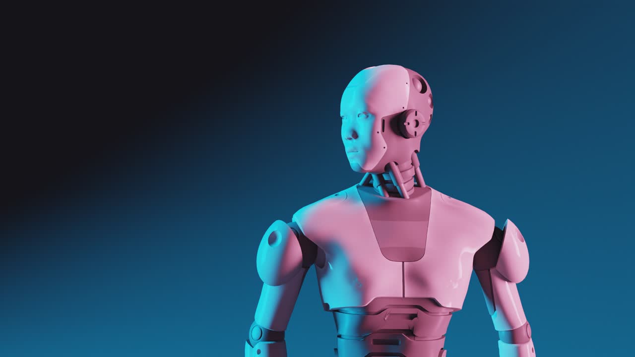 un robot hominoide pensante que mueve el cuello y la cabeza como un ser humano utilizando inteligencia artificial animación de renderización 3d
