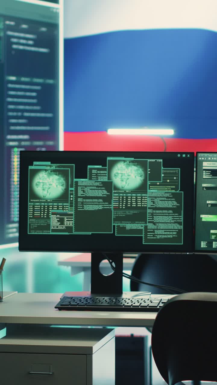 Computer Screen Displaying Hacking Code with Russian Flag Background