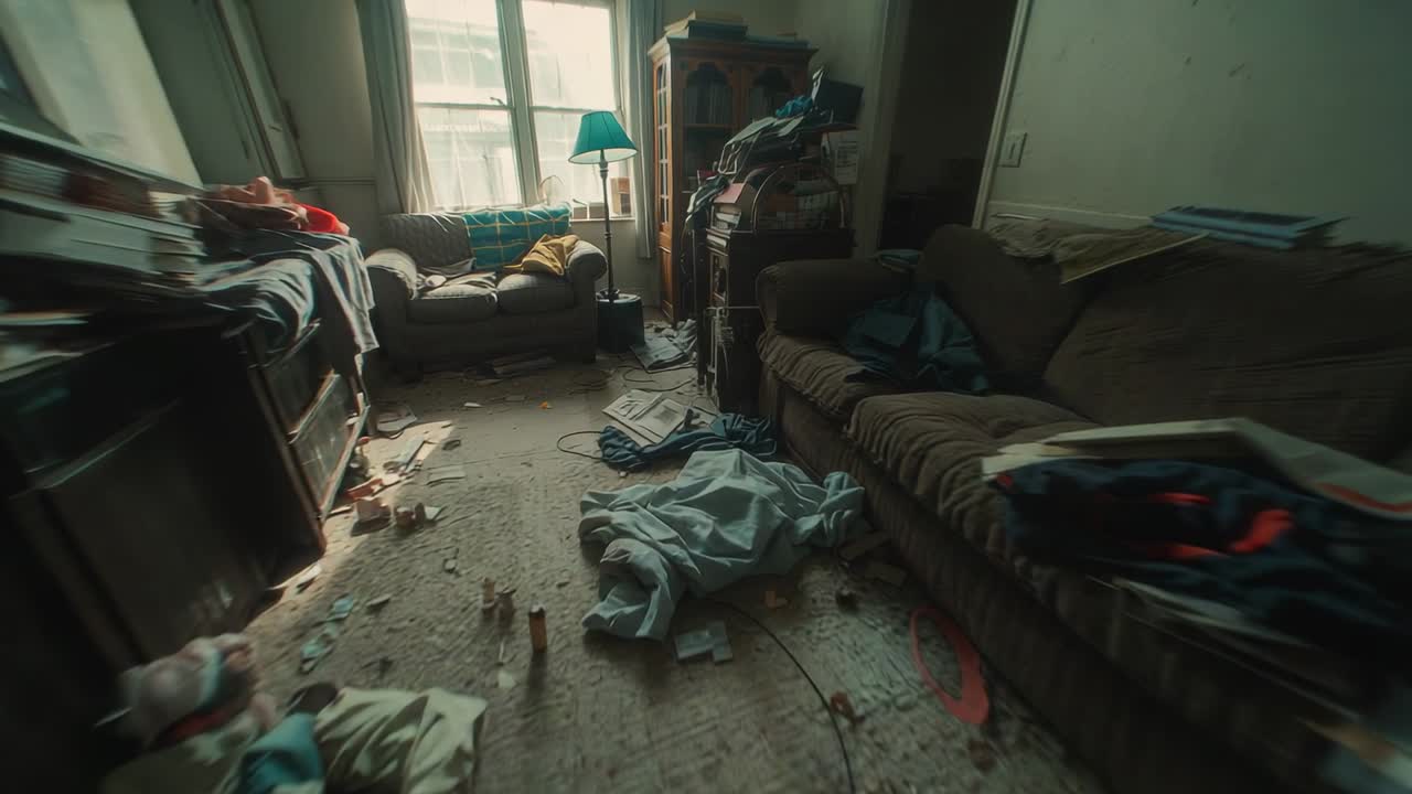 Moving camera forward through cluttered living room, revealing piled clothes, couch, lamp, window