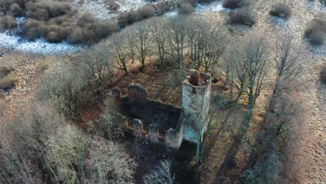 vista aérea de la vieja torre del campanario de la iglesia y los restos de la pared entre los árboles desnudos