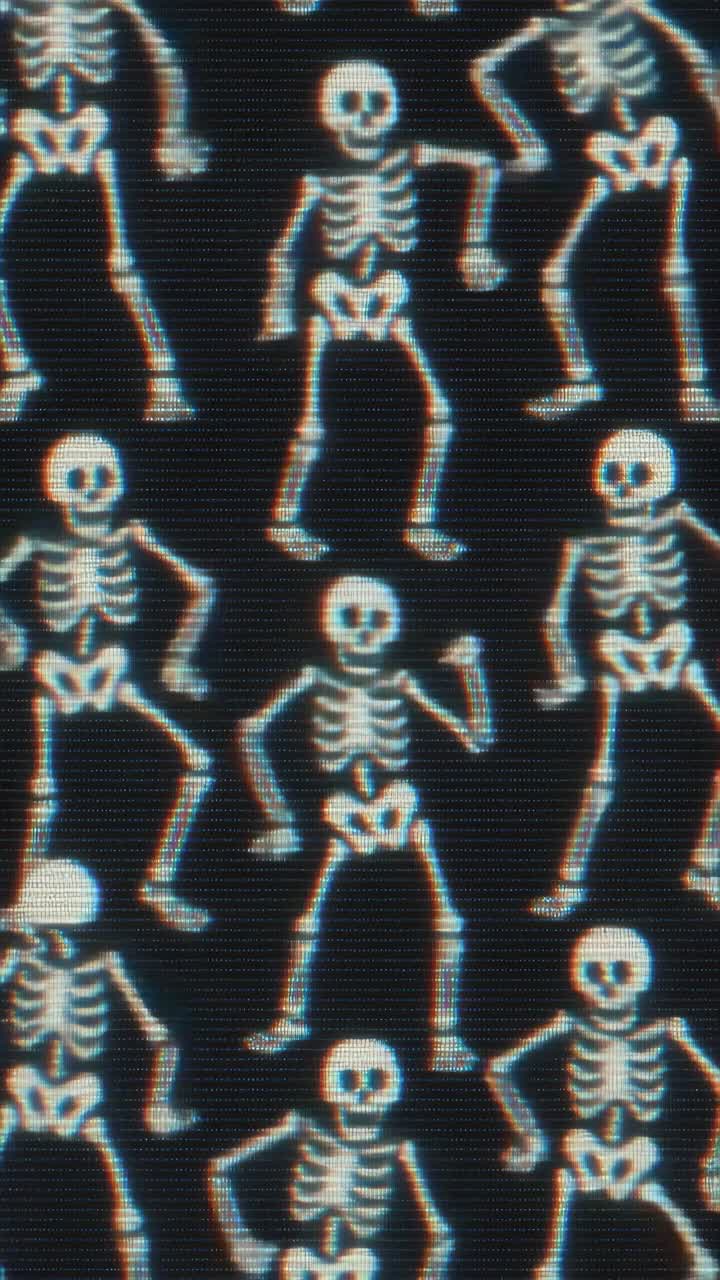 A video-style close-up of dancing skeletons with a retro, pixelated effect