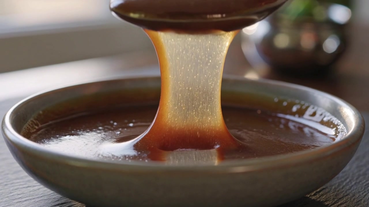 Un cucchiaio di metallo solleva caramello lucido da una ciotola di ceramica poco profonda su un tavolo da cucina, formando una goccia.