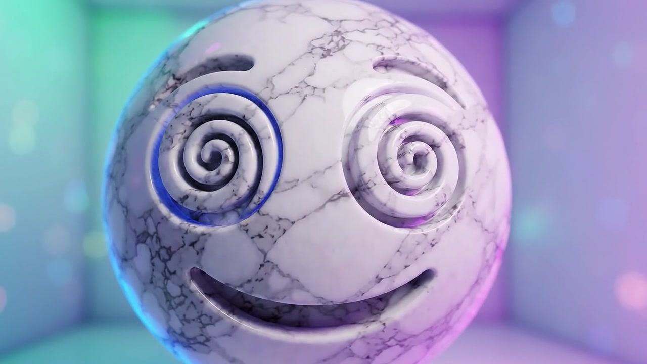 A Whimsical Marble Sphere with Spiraled Eyes and a Cheerful Smile, Set Against a Colorful Background, Evoking Joy and Playfulness in an Artistic Environment