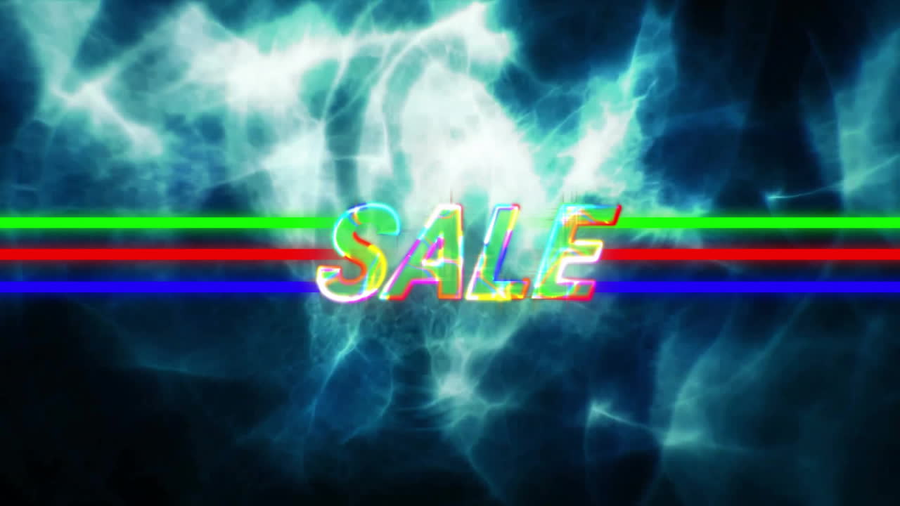 Colorful stripes with neon SALE text over abstract blue and white animation background