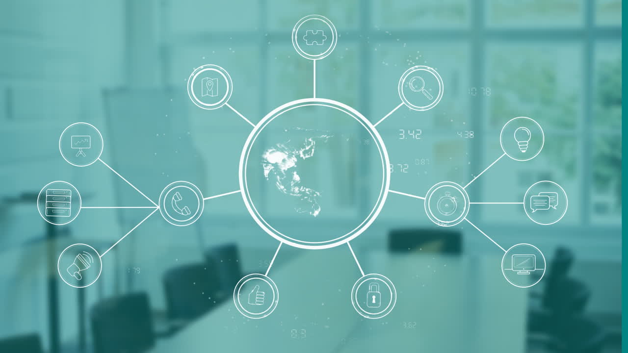 In modern office, digital icons and connections forming network animation