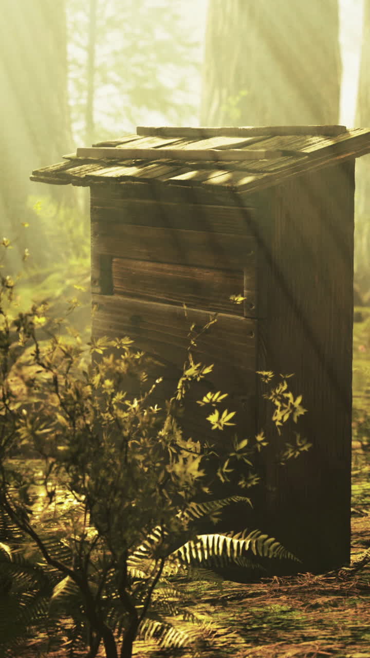 Mysterious wooden structure hidden among tall trees in a sunlit forest