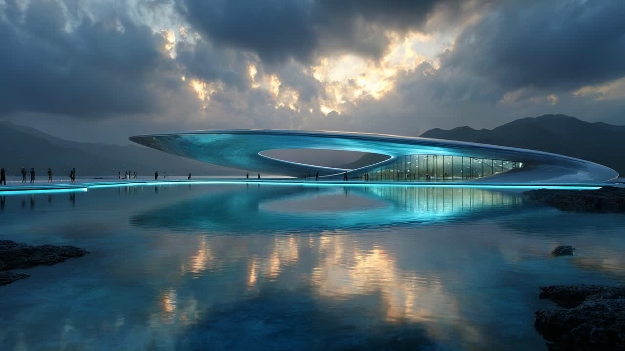 A Futuristic Architectural Marvel Reflecting on Water at Dusk, With a Unique Design That Harmonizes with the Surrounding Natural Landscape, Creating a Mesmerizing Visual Experience