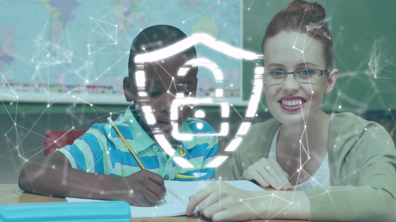 Teacher guiding student writing at desk as nodes forming shield with padlock showing security
