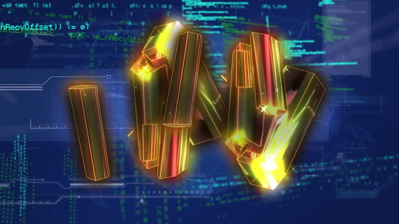 animación de formas geométricas doradas sobre lenguaje de programación y globo sobre fondo azul.