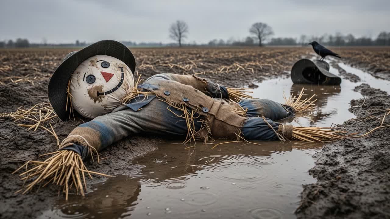 A weathered scarecrow lies motionless in a desolate, muddy field, surrounded by rainwater and patches of straw, as a solitary crow observes the dreary scene