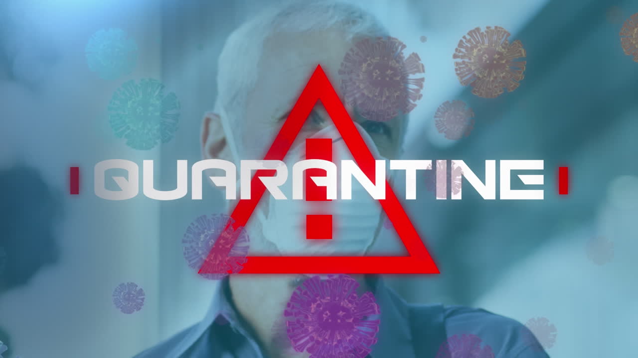 animación del procesamiento de datos de covid-19 sobre el triángulo de advertencia y el hombre con máscara facial