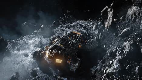 futuristic rover exploring a rocky asteroid field in space