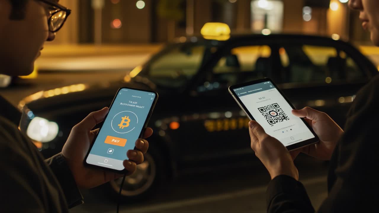 Two individuals engaged in a cryptocurrency transaction at night, utilizing a mobile app and a tablet to make a Bitcoin payment for a taxi ride