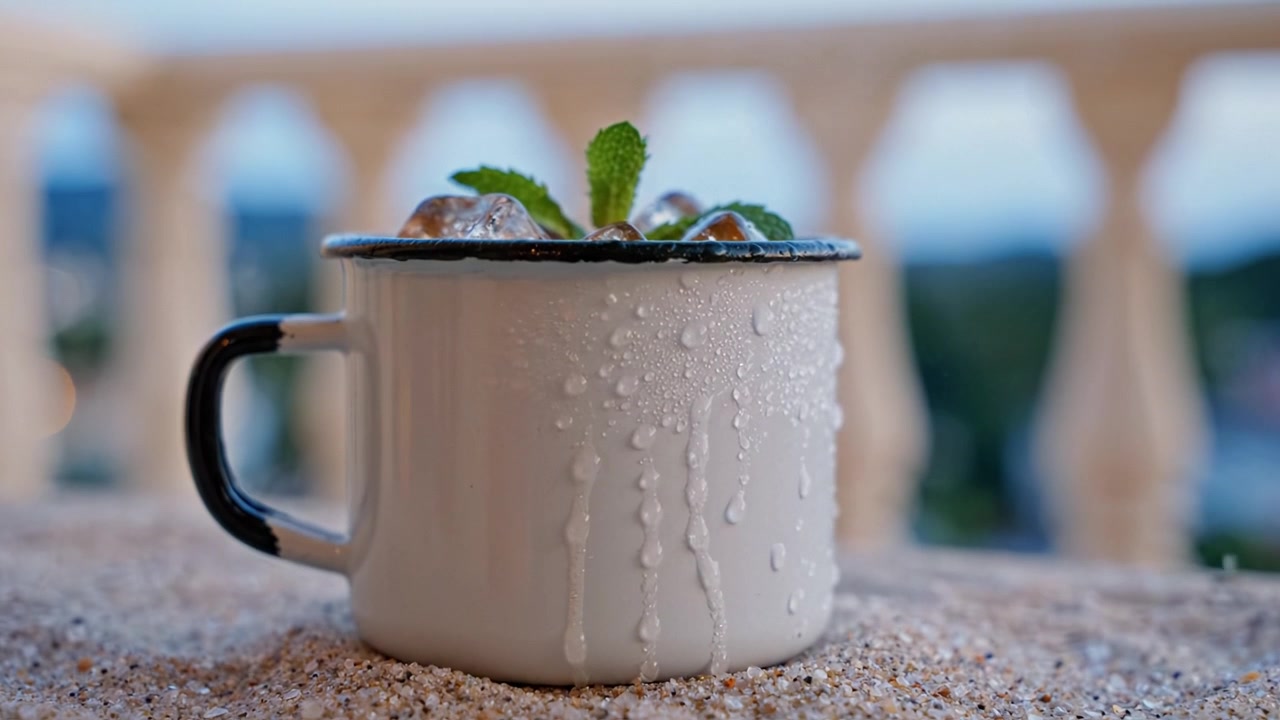 Bevanda rinfrescante alla menta servita in una tazza di smalto con cubetti di ghiaccio su una superficie sabbiosa vicino a una ringhiera bianca che si affaccia su una vista panoramica esterna al tramonto.