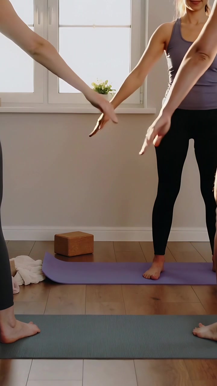 Video verticale: Veranda che mostra due donne in leggings che si riscaldano sui tappetini, alzando le braccia per toccare e poi riposare.