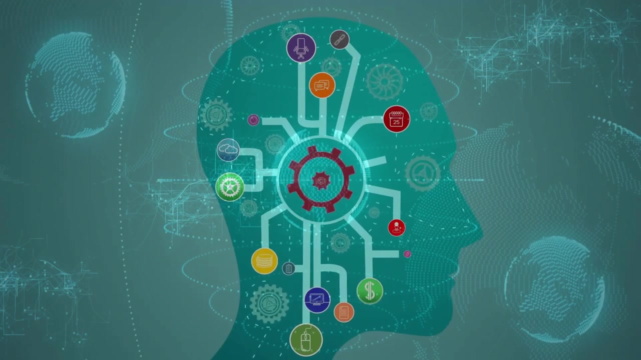 Glowing red gear appearing in teal head, lines radiating and icons pulsing representing network