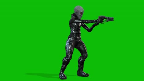 Grey-alien-wearing-a-space-suit-and-holding-a-sci-fi-gun-aiming-on-green-screen,-seamless-loop-3D-animation,-side-view