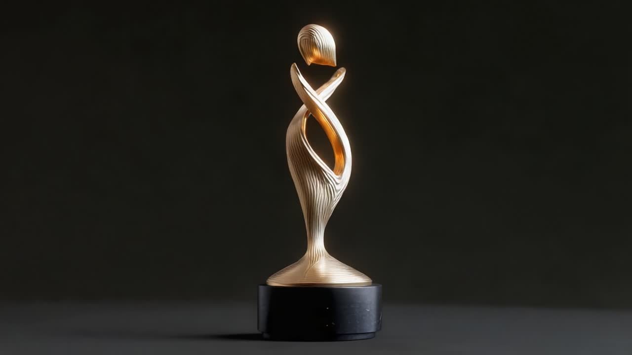 A Stunning Golden Icon: Artistic Trophy Displaying Elegant Twists and Curves, Symbolizing Achievement and Recognition Against a Dark Backdrop