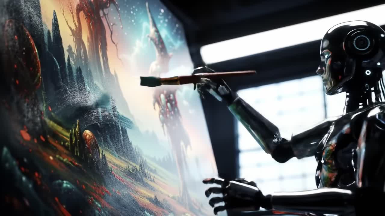 A robot meticulously paints a vibrant landscape on a canvas in a high-tech studio, showcasing advanced artificial intelligence and creativity in the art world while surrounded by futuristic tools.