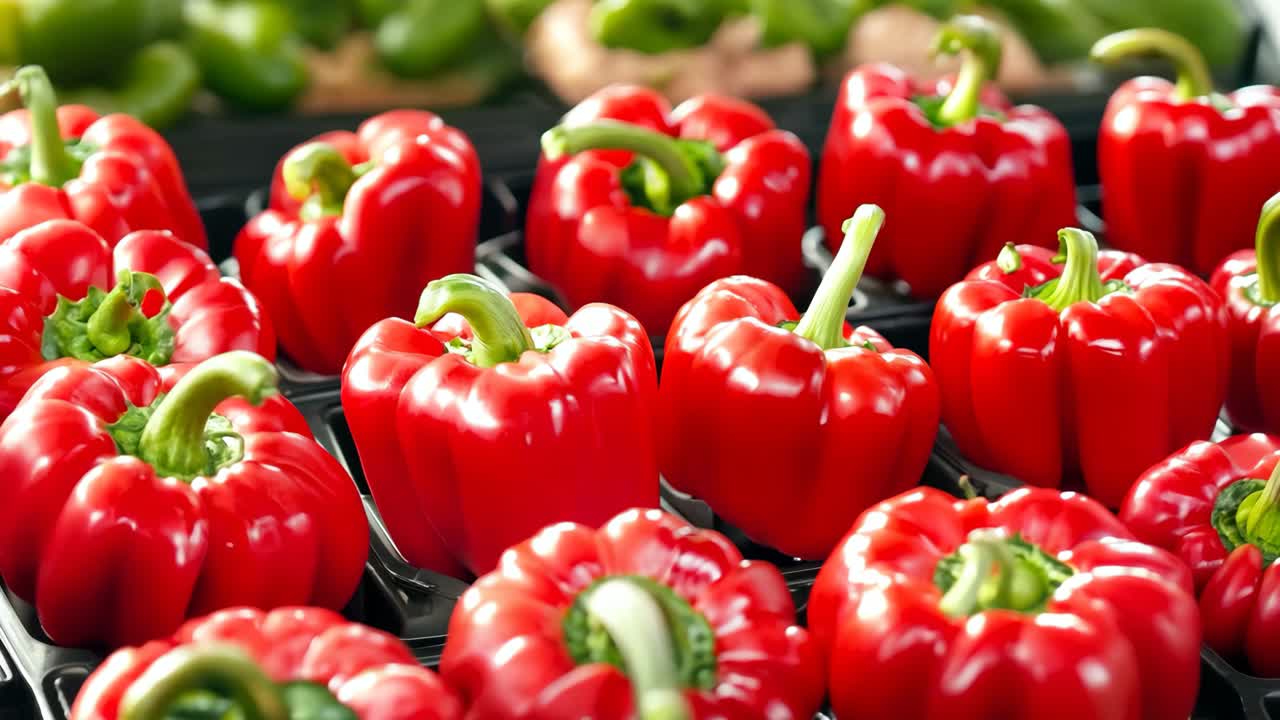 테이블 위에 앉아 있는 빨간색과 초록색 고추 한 어리