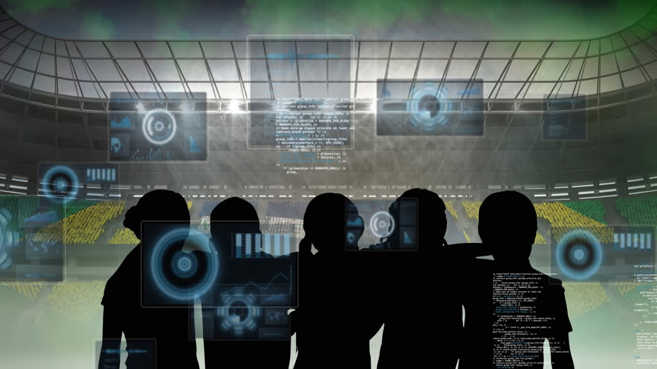 디지털 인터페이스와 데이터 프로세싱과 함께 응원하는 팬의 실루 ⁇ 과 스포츠 경기장