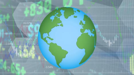 Animación-De-Datos-Financieros-Y-Globo-Terráqueo-Sobre-Fondo-Gris