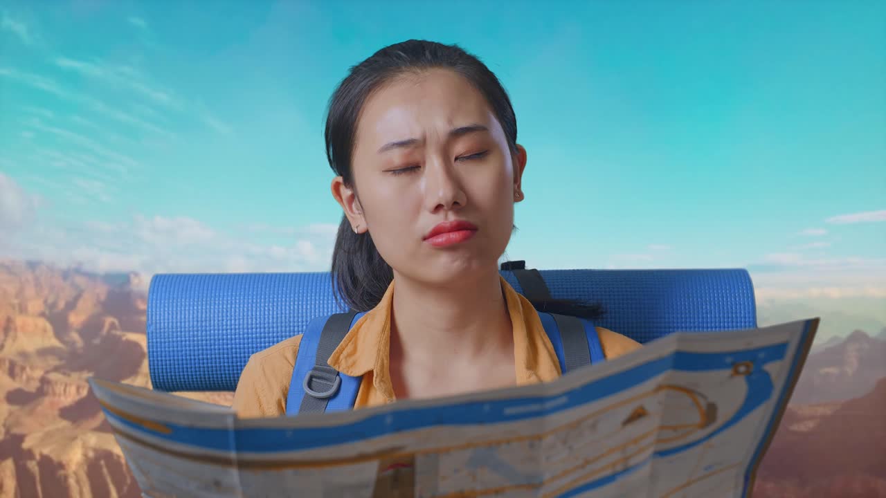 Close Up Of Asian Female Hiker With Mountaineering Backpack Looking At The Map Then Thinking While Traveling At The Top Of Mountain