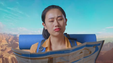 close up of asian female hiker with mountaineering backpack looking at the map then thinking while traveling at the top of mountain