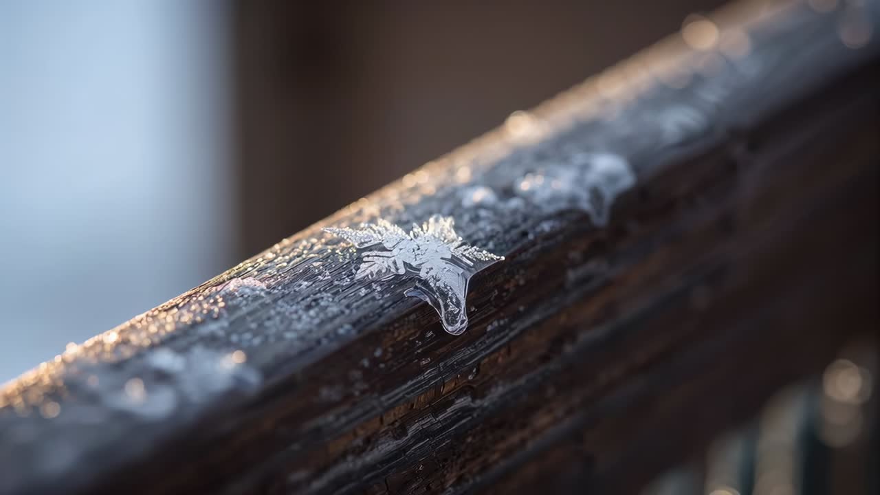 Floco de neve derretendo, cristal de gelo formando uma gota em uma grade de madeira gelada, com a luz do sol causando o degelo