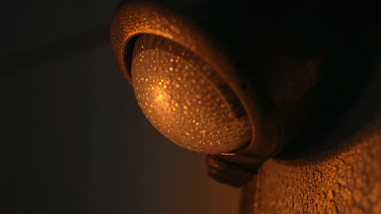Câmera em movimento destacando luminária de cúpula de vidro arredondada na parede exterior, enfatizando gotículas
