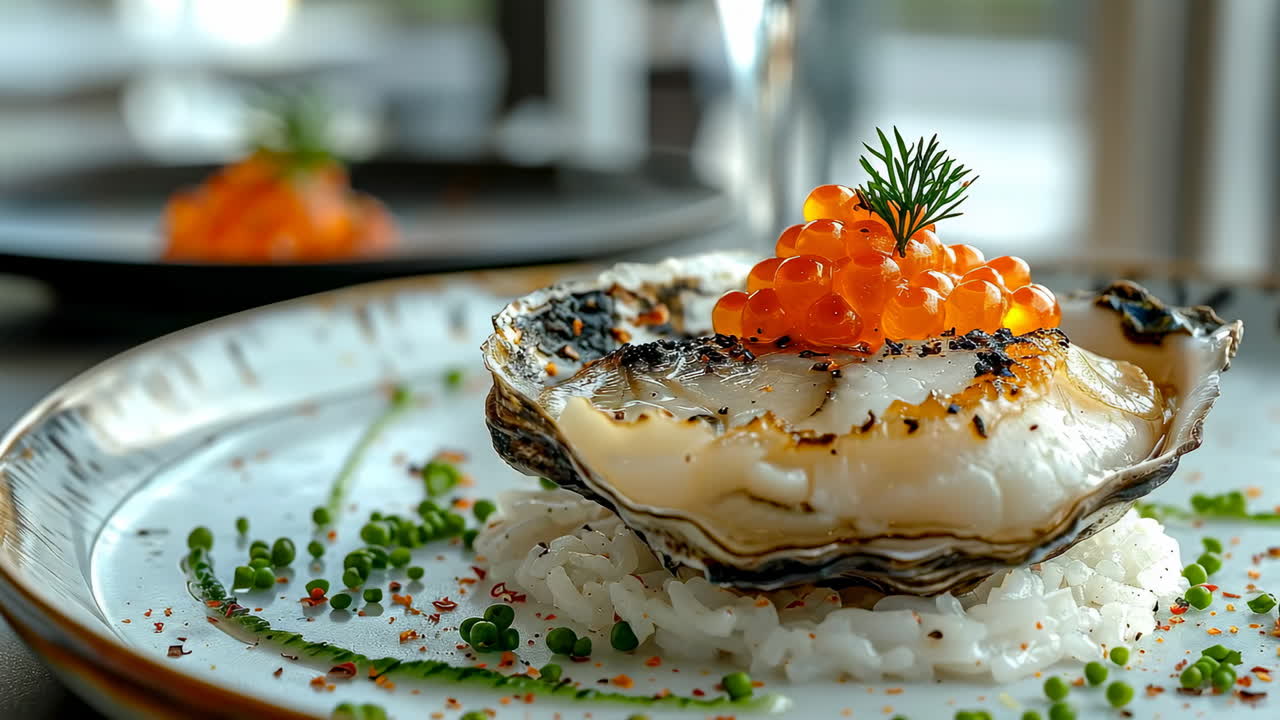 Grilled oysters on rice. A grilled oyster topped with orange roe rests on rice, surrounded by fresh herbs, truly a culinary delight