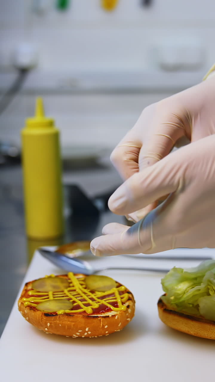Hands in latex gloves put pickles on top of fried bun. Making burger on white table. Fast food concept video. Vertical video