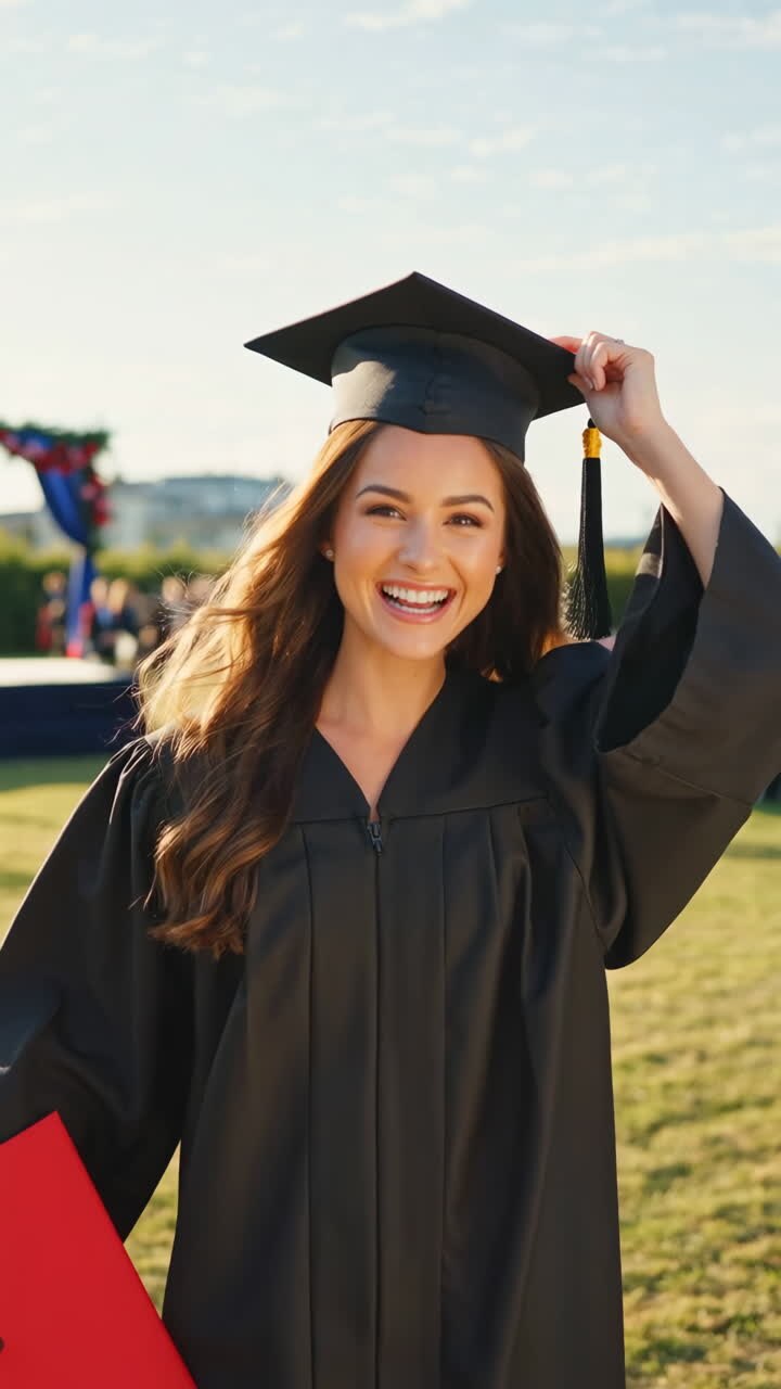 Giovane donna felice con tocco e toga di laurea che sorride all'aperto