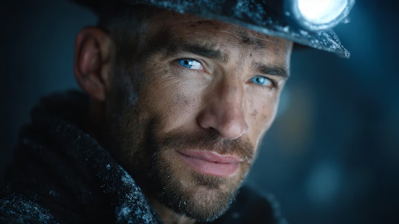 A rugged miner with striking blue eyes and a worn face, illuminated by a headlamp, gazes intensely with a story told through the dirt and snow covering him