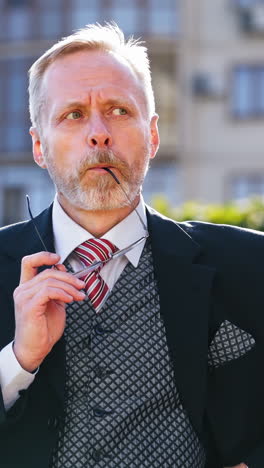 Portrait of mature businessman holding eyeglasses outdoors. Middle aged man with grey hair wearing elegant suit and glasses standing in the street and telling something happily. Vertical video