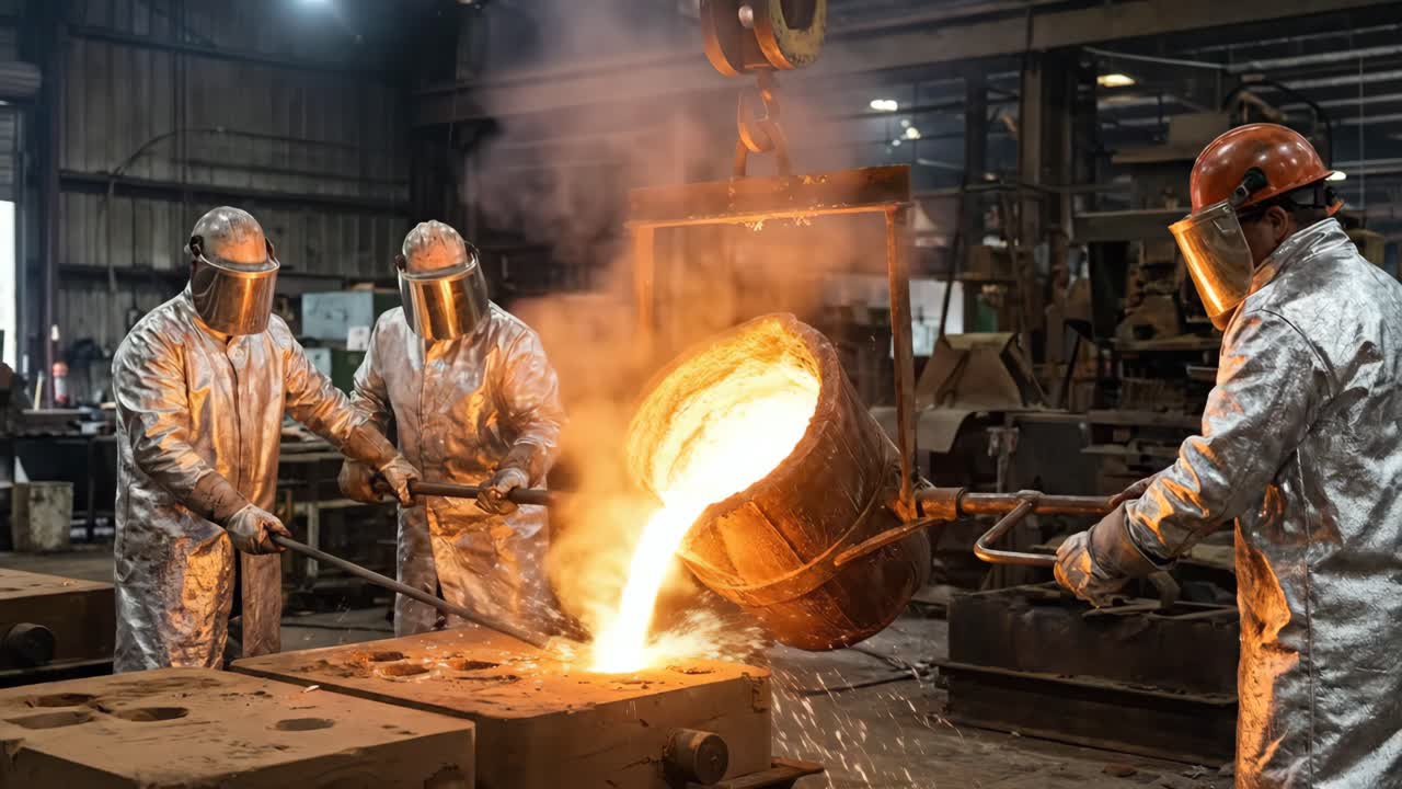 Funcionários da fundição despejando metal derretido em moldes em uma fábrica industrial